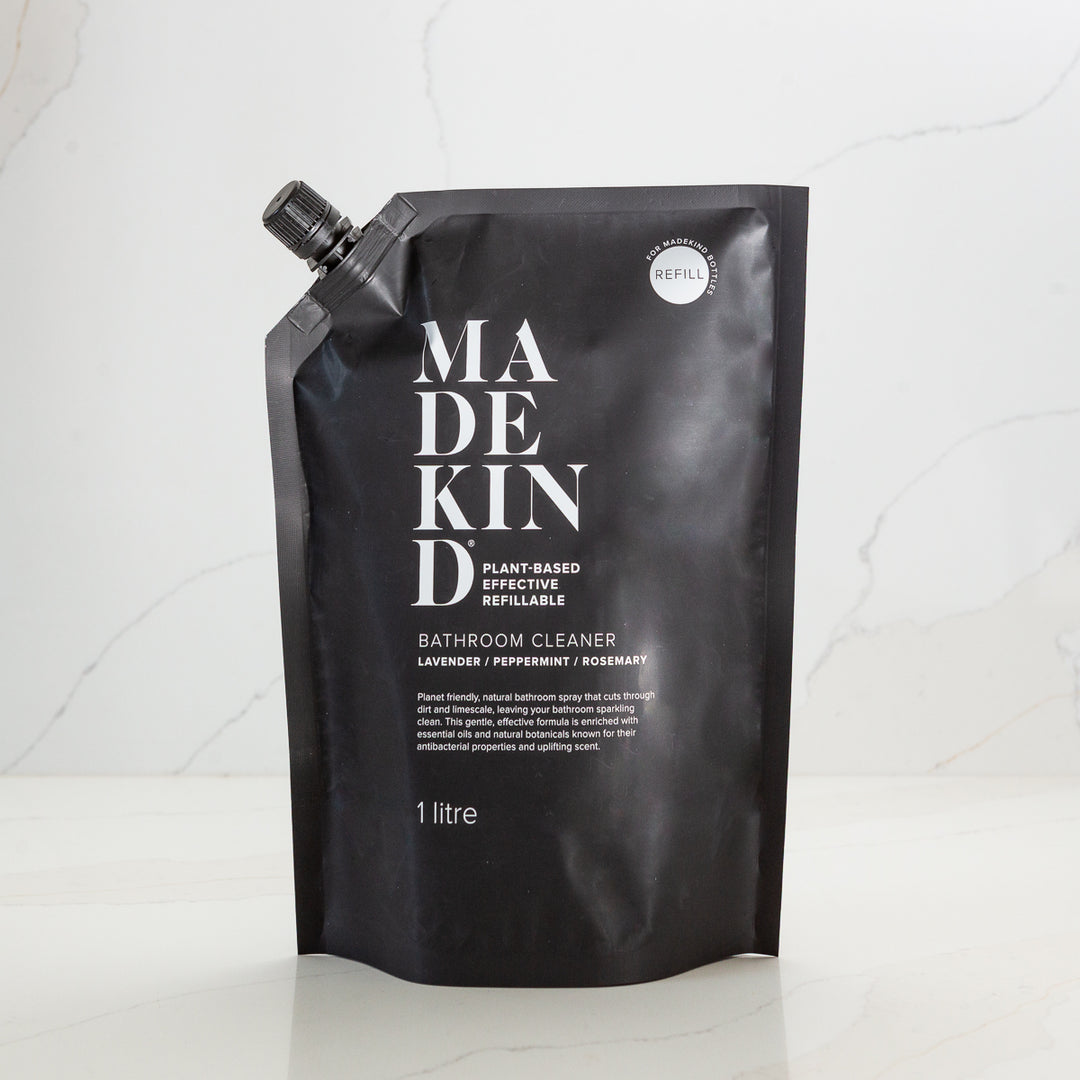 Natural, eco-friendly bathroom cleaner in 1L pouch. Removes limescale