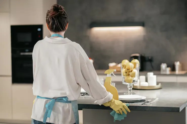 Woman Cleaning the kitchen Countertop