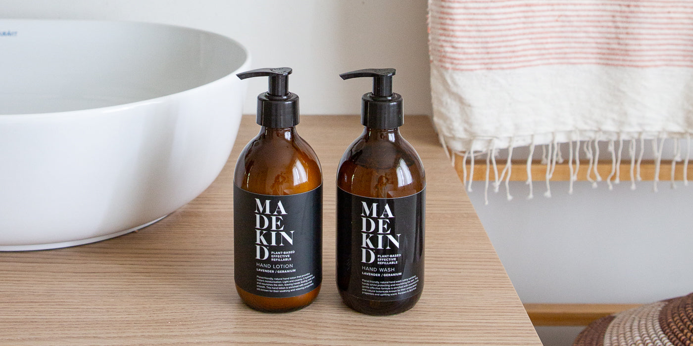Natural and gentle skincare including shampoo, conditioner, body wash, hand wash and hand lotion. Sustainable and refillable in glass bottles