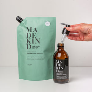 photo of madekind hand wash 1 litre refill pouch & empty glass bottle set