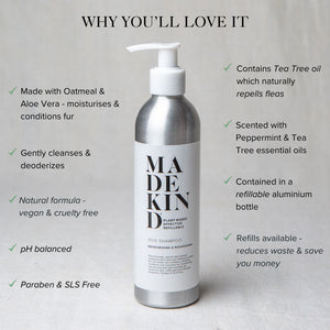Photo of MadeKind natural dog shampoo with list of benefits
