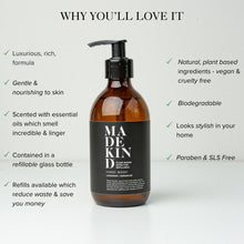 Load image into Gallery viewer, Photo of MadeKind 300ml lavender &amp; geranium hand wash with benefits listed
