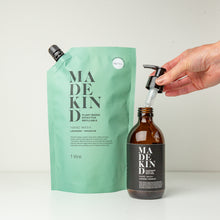 Load image into Gallery viewer, photo of MadeKind 1 litre lavender &amp; geranium hand wash with empty 300ml amber glass bottle
