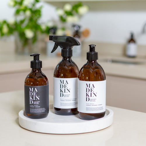Photo of MadeKind Best Sellers; Multi Surface Cleaner, Dish Wash and hand wash in a kitchen on a round tray