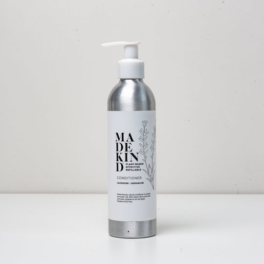 photo of a 250ml MadeKind natural hair conditioner, scented with Lavender & geranium, in an aluminium bottle