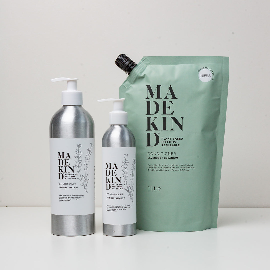 MadeKind Naural Conditioner in a 1 Litre Refill, 250ml aluminium bottle and 500ml aluminium bottle