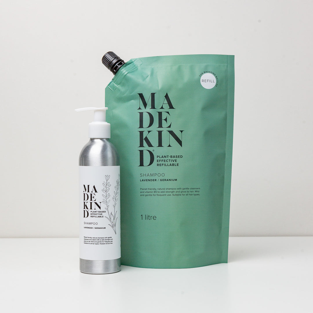 Photo of a MadeKind 1 Litre Shampoo Refill and 250ml Aluminium bottle