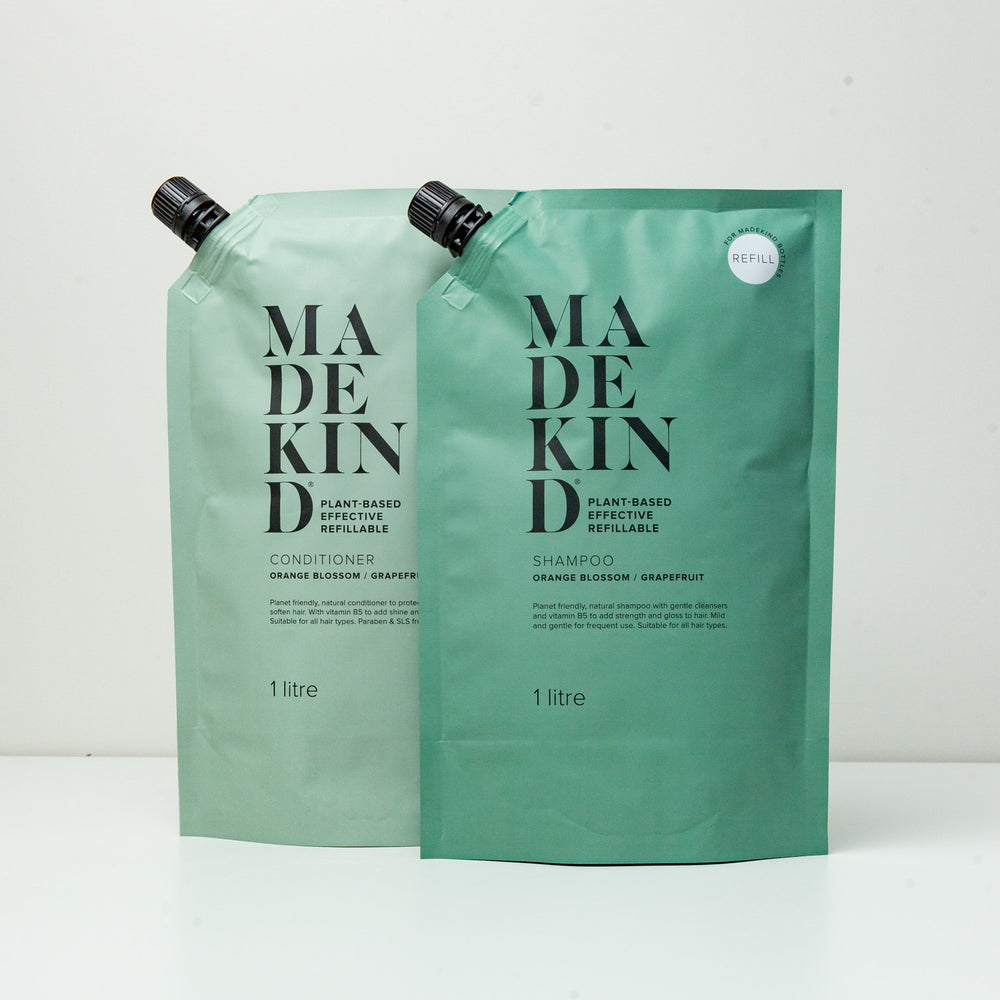Photo of 2 1 litre refill pouches of natural shampoo and natural conditioner