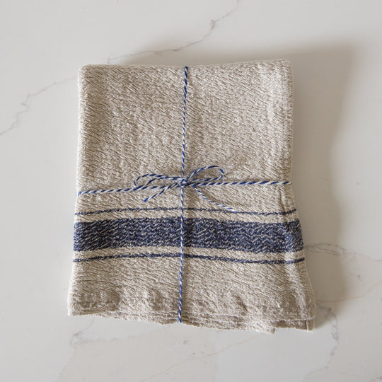 Woven Linen Blue Border Stripe Tea Towel