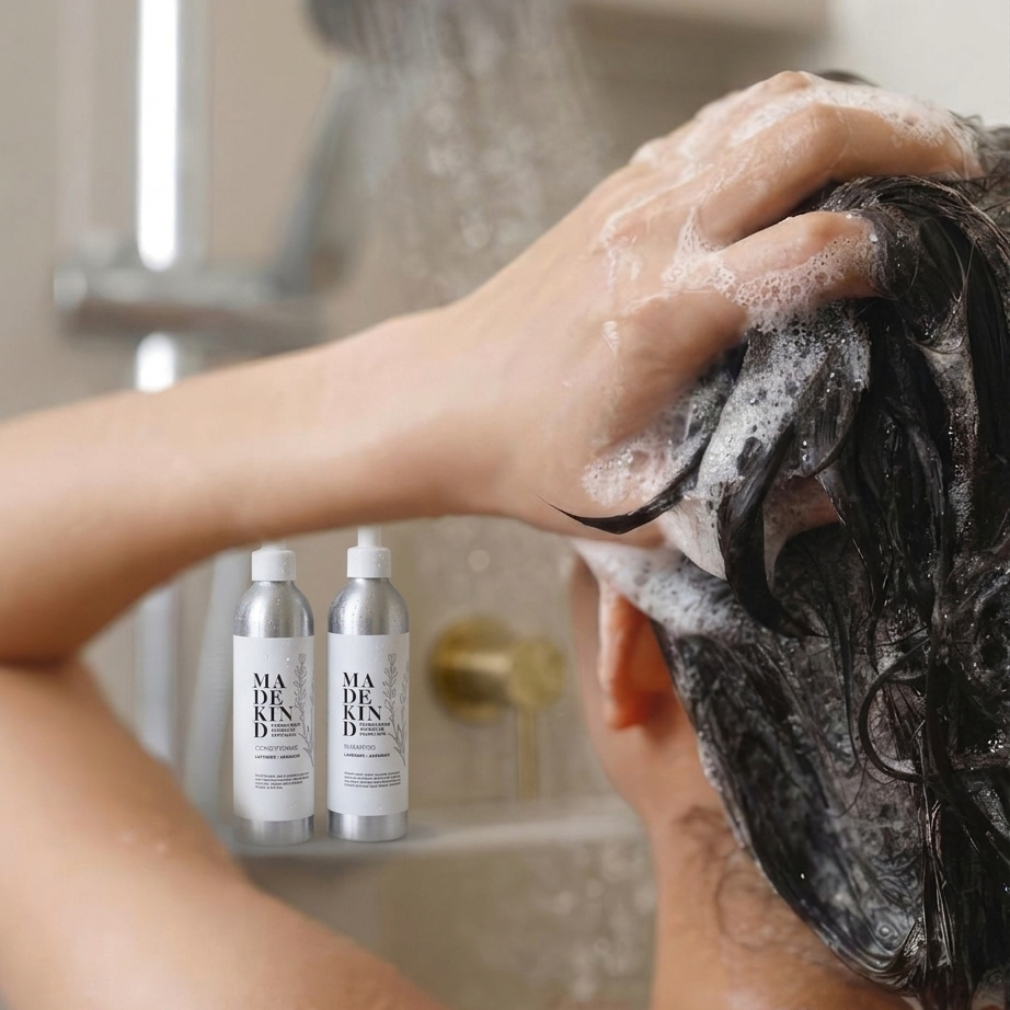 A person washing their hair in a shower, with eco-friendly natural shampoo lather on dark hair. Two silver bottles of MadeKind shampoo and conditioner are shown in the lower left foreground against a softly blurred bathroom background.