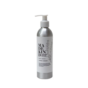 Photo of a standalone Madekind natural Body wash, lavender & geranium scented shower gel 250ml aluminium bottle