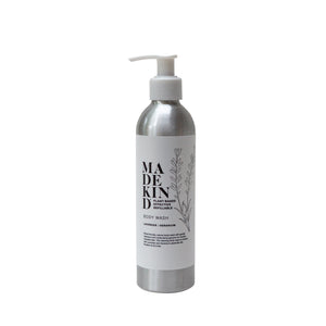 Photo of a Madekind natural Body wash, lavender & geranium scented shower gel 250ml aluminium bottle