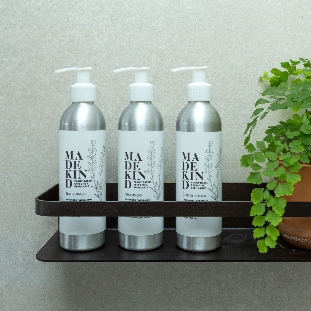 Photo of madekind natural hair shampoo, hair conditioner and body wash 250ml in aluminium bottles with lavender and geranium essential oils