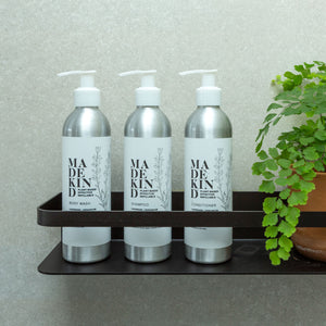 Photo of madekind natural hair shampoo, hair conditioner and body wash 250ml in aluminium bottles with lavender and geranium essential oils