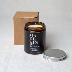 Madekind Unwind Soy wax aromatherapy candle with essential oils in glass container